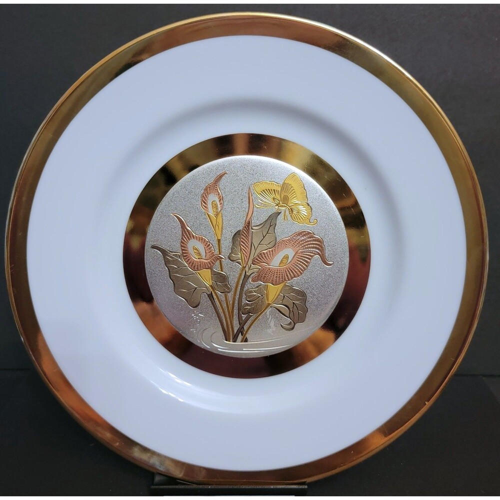 Vtg Westland Co. Chokin Art White 6 1/2" Plate Calla Lilies Butterfly Motif 24K
